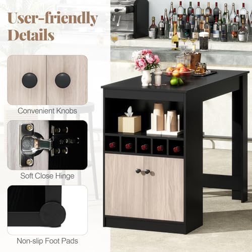 COSTWAY 48" Bar Table with Storage Cabinet & Wine Rack, Home Dining Table