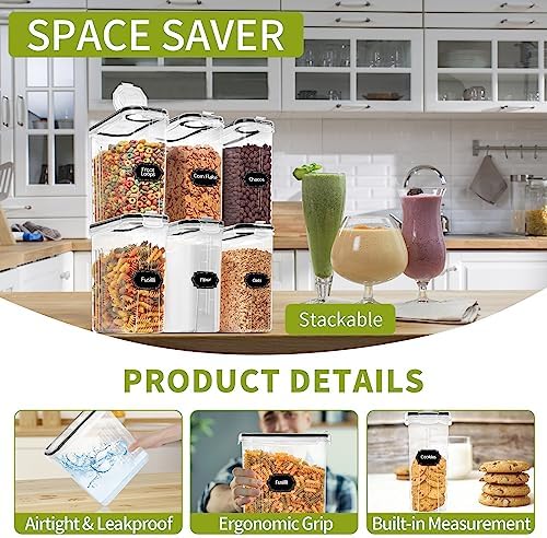 Skroam 4PCS Cereal Containers Storage [4L/135.2 oz], Airtight Food Storage Containers with Pour Spout for Kitchen & Pantry Organization Storage, Plastic Cereal Dispensers, Measuring Cup & 20 Labels