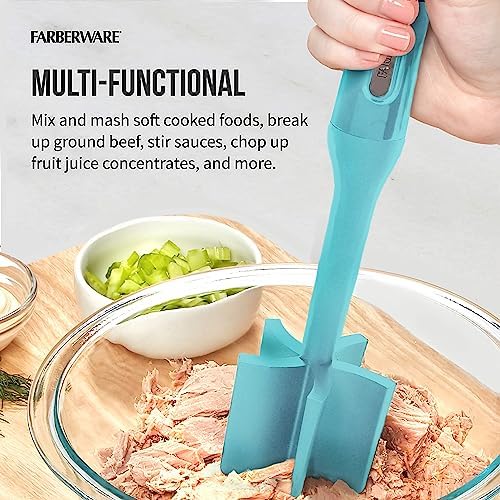 Farberware Heat Resistant Nylon Meat and Potato Masher, Safe for Non-Stick Cookware, Aqua Sky