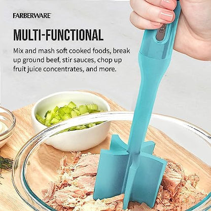 Farberware Heat Resistant Nylon Meat and Potato Masher, Safe for Non-Stick Cookware, Aqua Sky