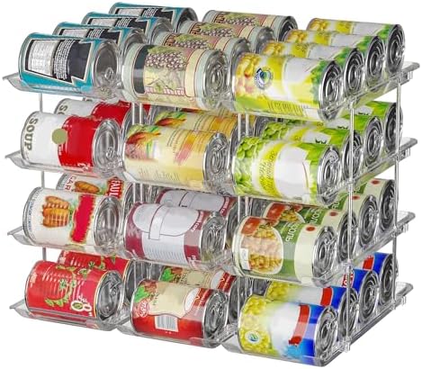 Can Organizer For Pantry, Adjustable Height And Width Canned Goods Organizer, Soup Can Rollers Organizer Holds Up to 48 Cans for Kitchen Cabinet or Refrigerator (CLear 4 Tier)