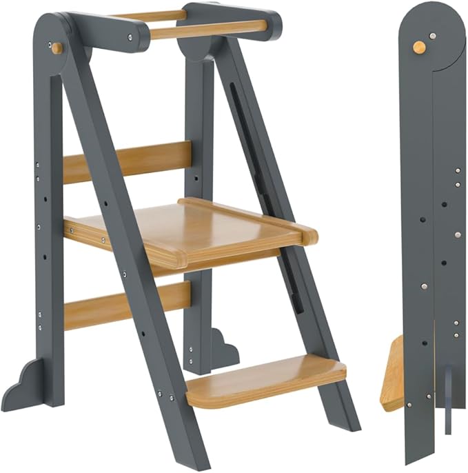 Toddler Tower, Foldable Step Stool for Toddlers, Toddler Kitchen Stool Helper with 3 Adjustable Height Safty Rail and Anti-Tip Structure, Learning Tower for Toddlers Kids Baby