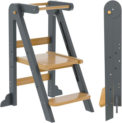 Toddler Tower, Foldable Step Stool for Toddlers, Toddler Kitchen Stool Helper with 3 Adjustable Height Safty Rail and Anti-Tip Structure, Learning Tower for Toddlers Kids Baby