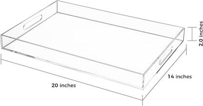 Clear Rectangular 14x20 Inches Acrylic Ottoman Tray Decorative Serving Tray with Cutout Handles Organizer Tray on Coffee Table Countertop Big Breakfast Bed Tray Living Room Appetizer Serving Food