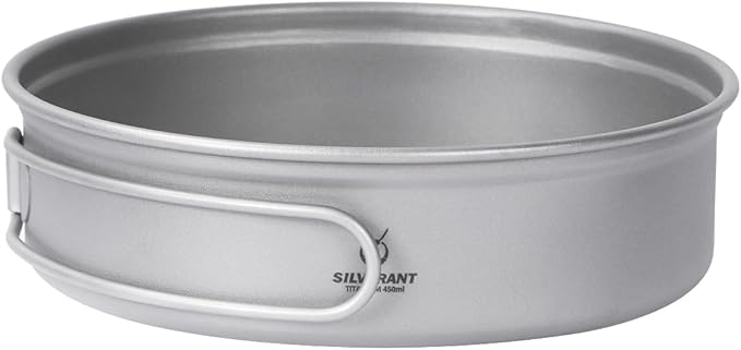 SILVERANT Camping Plate Titanium Pan Dish Plate with Handle & Mesh Bag, Large Reuseable Ultralight Dinner Plate for Camping Outdoors Backpacking (450ML)