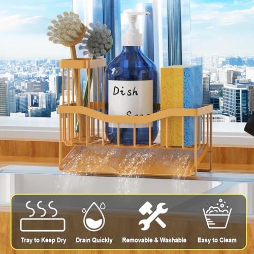 Fssvcd Maifan Sink Caddy Sponge Holder for Kitchen with Brush Holder and Stainless Steel Self Drain Tray, Rustproof Kitchen Sink Organizer for Sponge, Soap Dispenser Storage Accessories