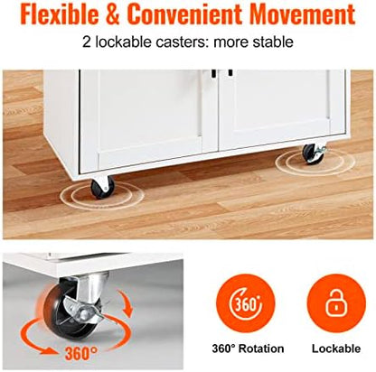 VEVOR Kitchen Island Cart with Solid Wood Top, 35.4" Width Mobile Carts with Storage Cabinet, Rolling Kitchen Table with Spice Rack, Towel Rack, Drop Leaf and Drawer, Portable Islands on Wheels, White