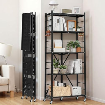 VEVOR 5-Tier Foldable Storage Shelf, 28W x 13D x 66H Inch Folding Metal Rack Shelving Unit, No Assembly Organizer Shelf with 5 Wheels & 4 Hooks for Pantry, Kitchen, Garage, Basement, Black