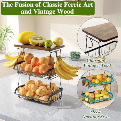 OKZEST 3-Tier Fruit Basket Fits Between Countertop & Upper Cabinet, 16.8" H