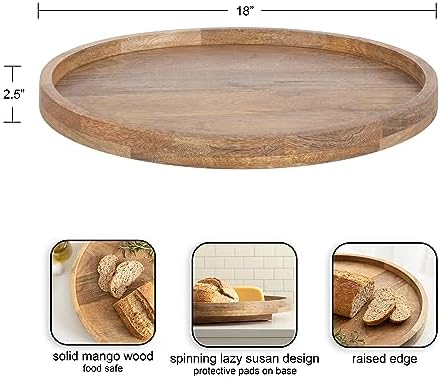 Kate and Laurel Halsey Round Lazy Susan Tray Organizer; 18 Inch Diameter; Natural Brown; Transitional Round Countertop Organizer with Turning Lazy Susan for Kitchen Storage