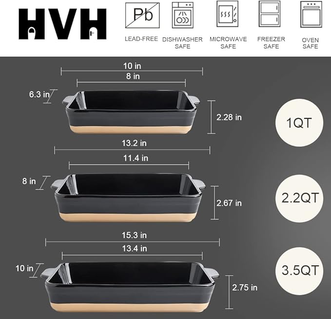 HVH Baking Dish Set, 9x13 Baking Dish, Ceramic Lasagne Pan Deep, Large