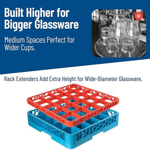 Carlisle FoodService Products OptiClean 25 Compartment Divided Glass Rack Extender for Commercial Dishwashers – Height Extender for Stemware, 3.54" x 3.54" Compartments, Orange, (Pack of 6)