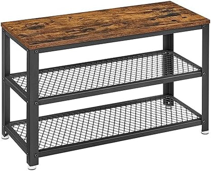 VASAGLE 3-Tier Shoe Rack, Storage Bench with Metal Mesh Shelves and Seat