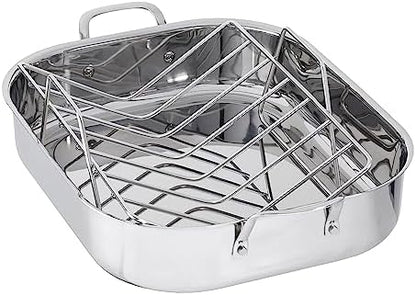 Amazon Basics Stainless Steel Rectangular Roasting Pan with Rack, Turkey Roaster, Dishwasher Safe, Easy to Clean, Oven Safe, 16 in