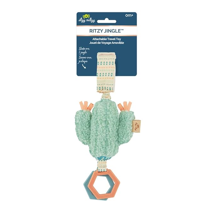Itzy Ritzy - Ritzy Jingle Toy - Baby Hanging Toy for Activity Gym, Stroller or Car Seat; Features Jingle Sound, Hexagon Rings and Adjustable Attachment Loop (Cactus)