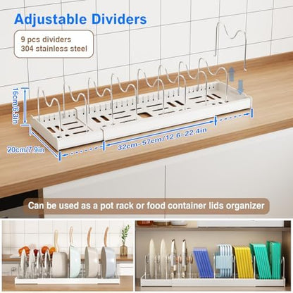 Mustorn Pots and Pans Organizer Under Cabinet, 22" Expandable Food Storage Container Lid Organizers with 9 Adjustable Dividers Pot and Pan Lid Holders Rack Inside Cabinet/Countertop(1 Pack, White)