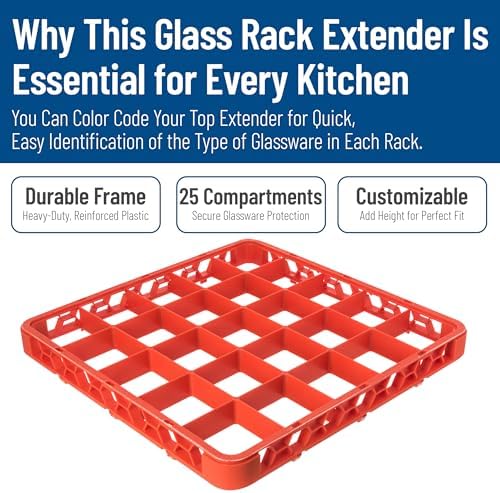 Carlisle FoodService Products OptiClean 25 Compartment Divided Glass Rack Extender for Commercial Dishwashers – Height Extender for Stemware, 3.54" x 3.54" Compartments, Orange, (Pack of 6)