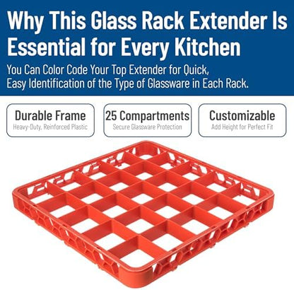 Carlisle FoodService Products OptiClean 25 Compartment Divided Glass Rack Extender for Commercial Dishwashers – Height Extender for Stemware, 3.54" x 3.54" Compartments, Orange, (Pack of 6)
