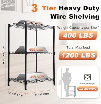 Whitmor 3 Tier Storage Shelves, Heavy Duty Metal Shelving, 400 lbs Capacity per Shelf, 1200 lbs Total, Easy Assembly for Kitchen, Garage, Plant, 18" L x 12" W x 26.4" H, Black
