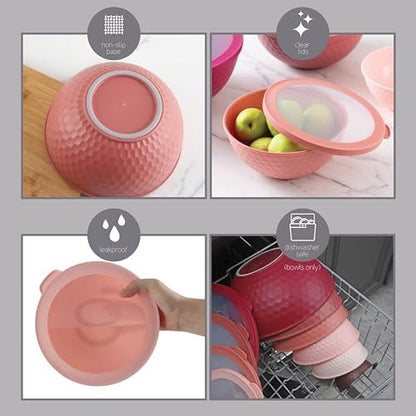 COOK WITH COLOR Mixing Bowls with Lids - 12 Piece Plastic Nesting Bowls Set includes 6 Prep Bowls and 6 Lids, Microwave Safe Mixing Bowl Set, Rose Embossed