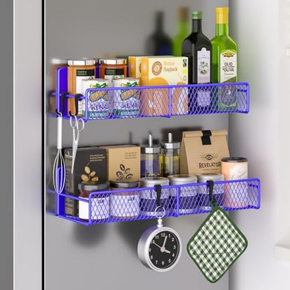 Magnetic Spice Rack for Refrigerator, 2 Pack 100% Metal Strong Magnet Shelf, Space Saving Spice Organizer W/ Hooks, Movable Magnetic Fridge Shelf, Kitchen Home Laundry Storage Organization,Purple Blue