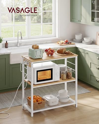 VASAGLE Kitchen Island with Power Strip, 3-Tier, 6 Hooks, Metal Frame