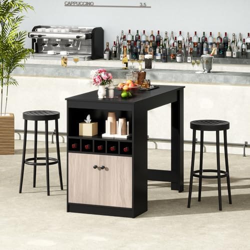 COSTWAY 48" Bar Table with Storage Cabinet & Wine Rack, Home Dining Table