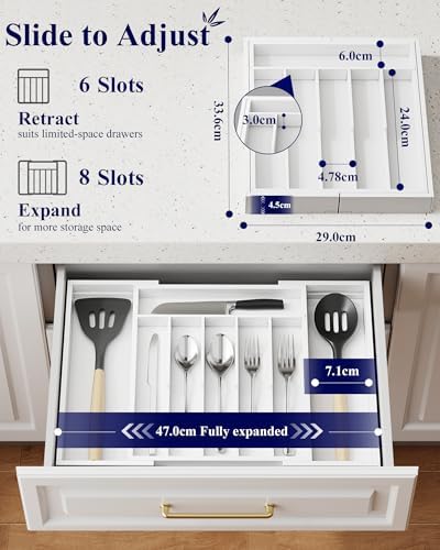 Kitsure Silverware Organizer, Bamboo Kitchen Drawer Tray, White, Large
