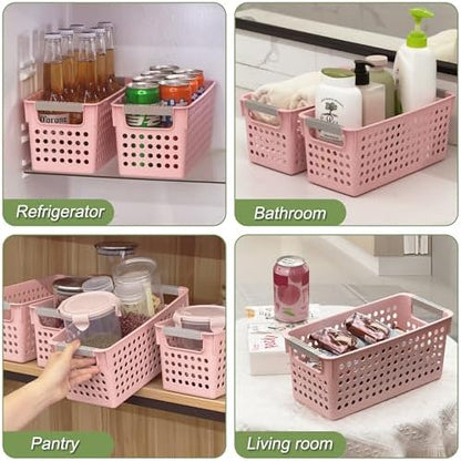 Soddeph 4 Pack Slim Plastic Storage Basket with Handles, Rectangular Storage Bins for Shelves,Narrow Organizer box for Organizing, Kitchen,Home,Office(Pink, Small)