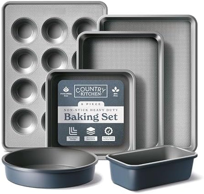 Country Kitchen Nonstick Stackable Bakeware Set - Durable, Easy Release Baking Set, Navy, 6 Pcs