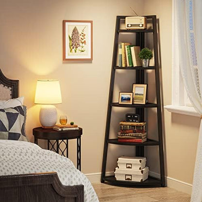 Tribesigns 70 inch Tall Corner Shelf, 5 Tier Modern Corner Bookshelf Bookcase Industrial Corner Ladder Shelf Plant Stand for Living Room, Kitchen, Home Office (Black)