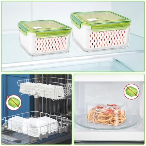 4Pack Fruit Storage Container for Fridge with Colander and Vent - Green