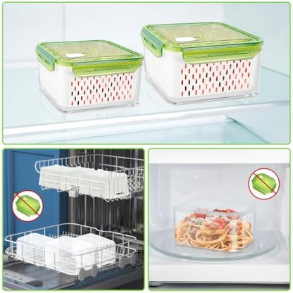 4Pack Fruit Storage Container for Fridge with Colander and Vent - Green