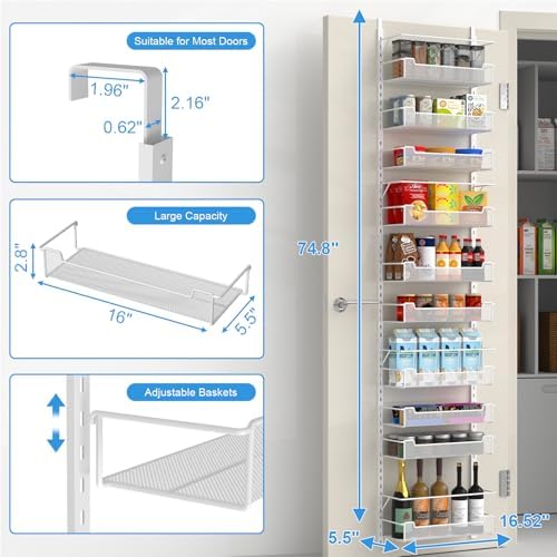 VyGrow Over the Door Pantry Organizer, 10-Tier Over the Door Organizer with Adjustable Basket, Pantry Door Organization for Pantry Kitchen Storage Room Spice Rack, White