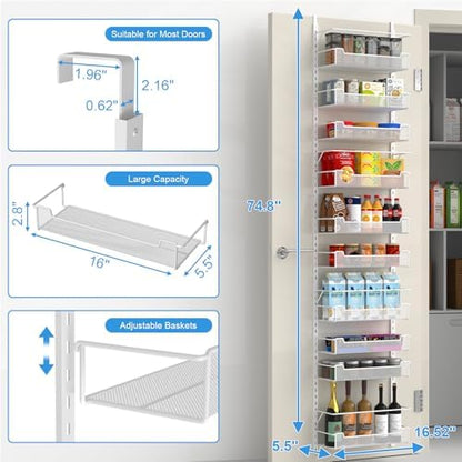 VyGrow Over the Door Pantry Organizer, 10-Tier Over the Door Organizer with Adjustable Basket, Pantry Door Organization for Pantry Kitchen Storage Room Spice Rack, White