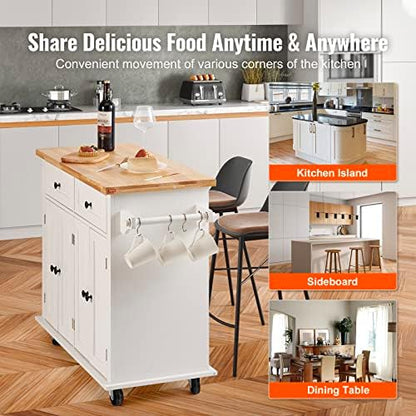 VEVOR Kitchen Island Cart with Solid Wood Top, 35.4" Width Mobile Carts with Storage Cabinet, Rolling Kitchen Table with Spice Rack, Towel Rack, and Drawer, Portable Islands on Wheels, White