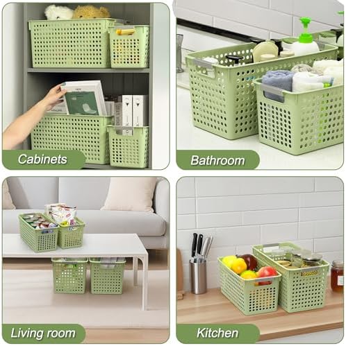 Soddeph Slim Plastic Storage Basket with Handles, Narrow Organizer box for Shelves, Organizer box for Organizing, Kitchen,Home,Office (Green, Medium)