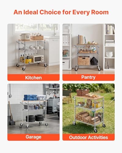 VEVOR Kitchen Utility Cart, 3-Tier Rolling Kitchen Cart with Wood Tabletop and Handle Bar, 661 lbs Capacity Heavy Duty Adjustable Wire Storage Rack, Steel Service Trolley on Wheels, 30 x 18 x 36 in