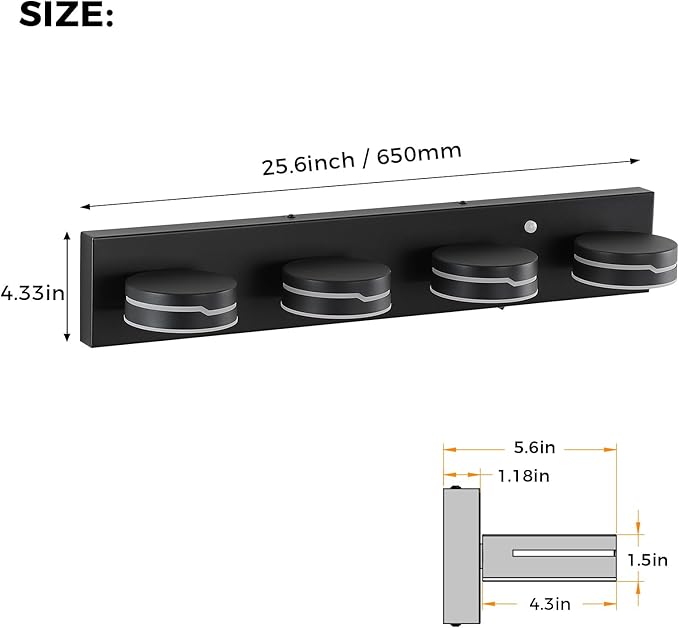 26In Motion Sensor Vanity Light, Matte Black 3CCT 4-Light Modern LED Bathroom
