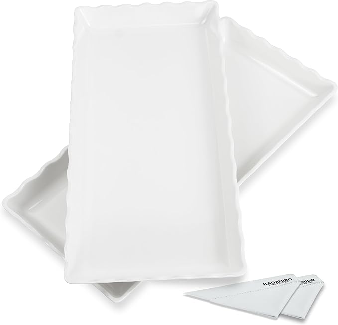 KAQAHIDO 17" x 8" x 1.5" White Serving Tray Set, Wave Edge Melamine Platters for Cookie, Appetizer, Charcuterie, Snack, Dessert, Party Food Display, Stackable, Set of 2