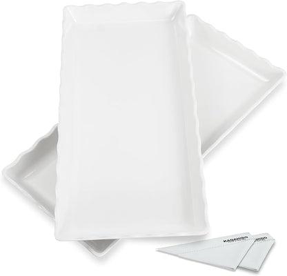 KAQAHIDO 17" x 8" x 1.5" White Serving Tray Set, Wave Edge Melamine Platters for Cookie, Appetizer, Charcuterie, Snack, Dessert, Party Food Display, Stackable, Set of 2