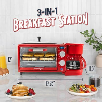 Nostalgia 3-in-1 Retro Breakfast Station - Includes 5 (4 Oz) Cup Coffee Maker, Non-Stick Ceramic Griddle, and 4-Slice Toaster Oven - Built-In Timer, Reusable Coffee Filter, Space-Saving Design - Red