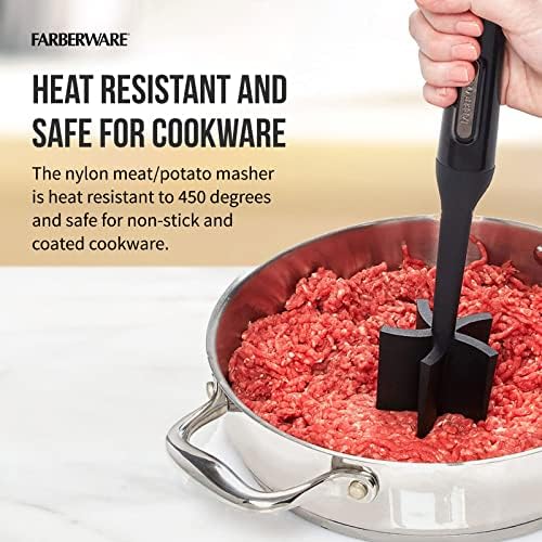Farberware Meat Masher and Chopper Tool with 5 Beveled Blades - Ground Beef Chopper, Potato Masher, Batter Stirrer - Heat Resistant to 450 F, Dishwasher Safe