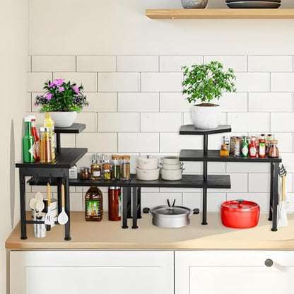 Counter Organizer Shelf, 3 Tier Moveable Black Corner Shelf Organizer with Hook, Counter Shelf for Kitchen Bathroom Spice Rack Coffee Area Over Sink Dresser Table (Black)