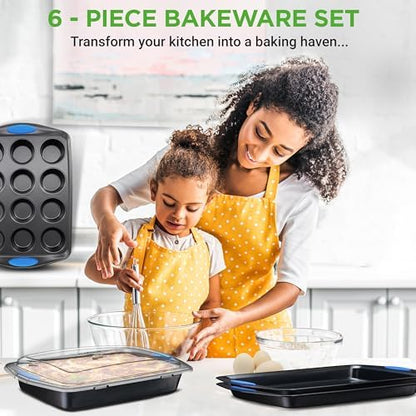 NutriChef Nonstick Bakeware Set of 6, Baking Pan with Cookie Sheets, 12-cup Muffin & Loaf pan – Easy to Clean, Oven Safe, Durable Warp Resistance Carbon Steel Pan Set for Baking, Roasting, & Cooking