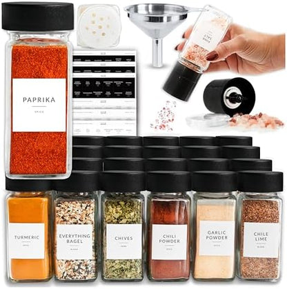SAVVY & SORTED Glass Spice Jars with Label 24 PK - 4 Oz Spice Containers with 374 Minimalist Preprinted Labels Stickers, Pepper Grinder Funnel Shaker Lids, Empty Seasoning Containers Bottles