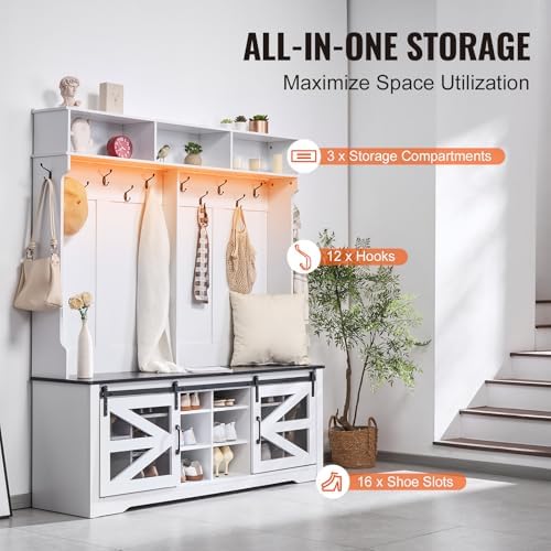 VEVOR Hall Tree Entryway Bench, LED Coat Rack with Shoe Storage, 59" Wide Mudroom Bench with Storage and Seating, Adjustable Shelves and 12 Hanging Hooks, for Mudroom, Entryway, Hallway