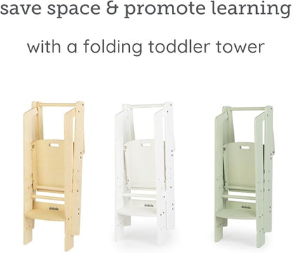 dadada Baby Foldable Montessori Tower - Adjustable Kitchen Step Stool for Kids with Safety Rail, Non-Toxic Finish, Great for Small Space Living (White)