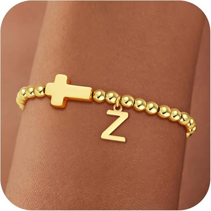 Gold Initial Bracelets for Women Girls - 18K Gold Plated Cross Initial Bracelet Dainty Beaded Bracelet Gold Bracelets for Women Teen Girl Gifts