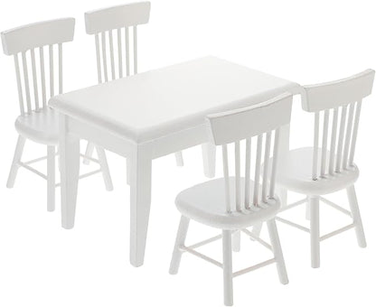 Homoyoyo 5 PCS 1/12 Wooden Dollhouse Furniture of Table Chair, Mini House Miniature Dining Table Chair, Miniature Furniture Set Dollhouse Accessories(White)